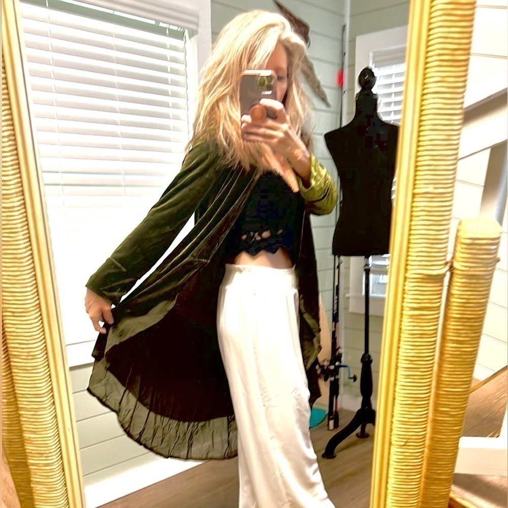 R. VIVIMOS Green Velvet
Layered Chiffon Long open front
Cocktail Jacket M Boho,S - Picture 3 of 12